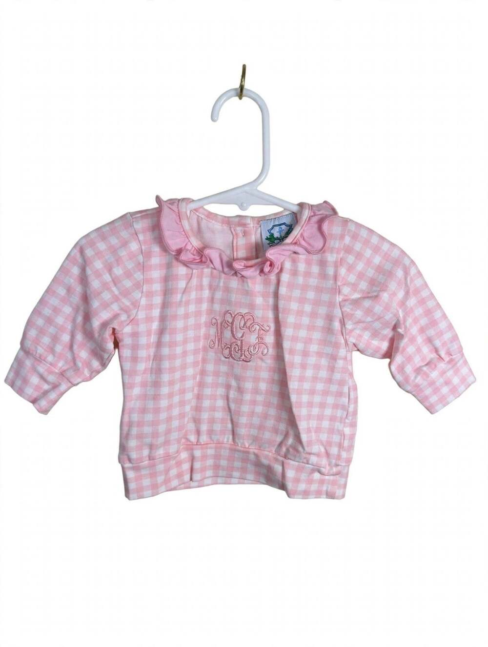 Southern Taters Baby Girl Top 3M Pink Gingham Ruffle Collar Boutique Monogram